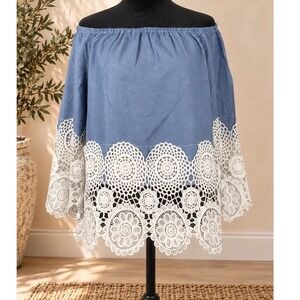 Unique Spectrum Womens Small Blue Chambray Off Shoulder Crochet Lace Trim Blouse